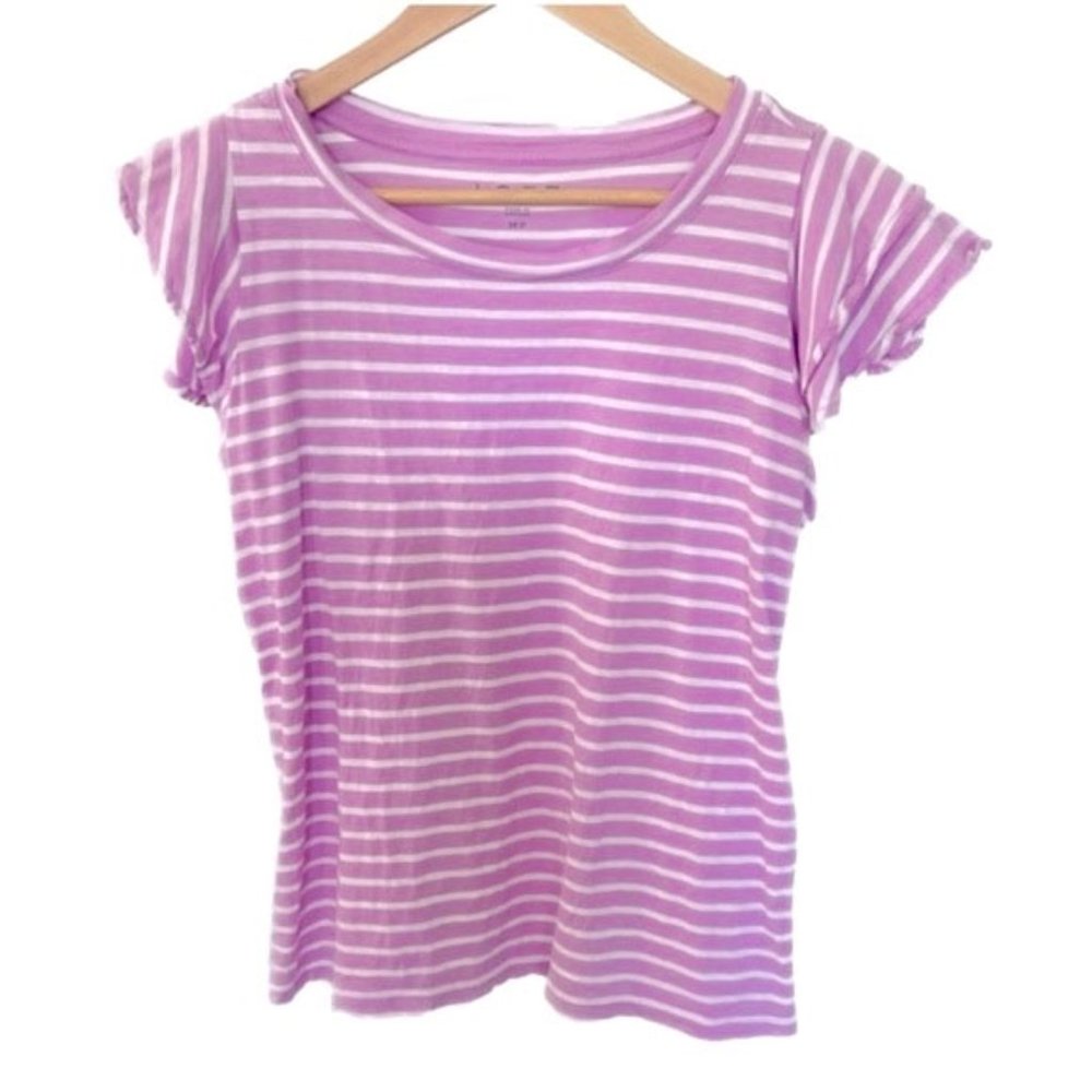 Ann Taylor Loft Pink White Striped Cotton Tee Shirt Petite Med PM Top *Like New